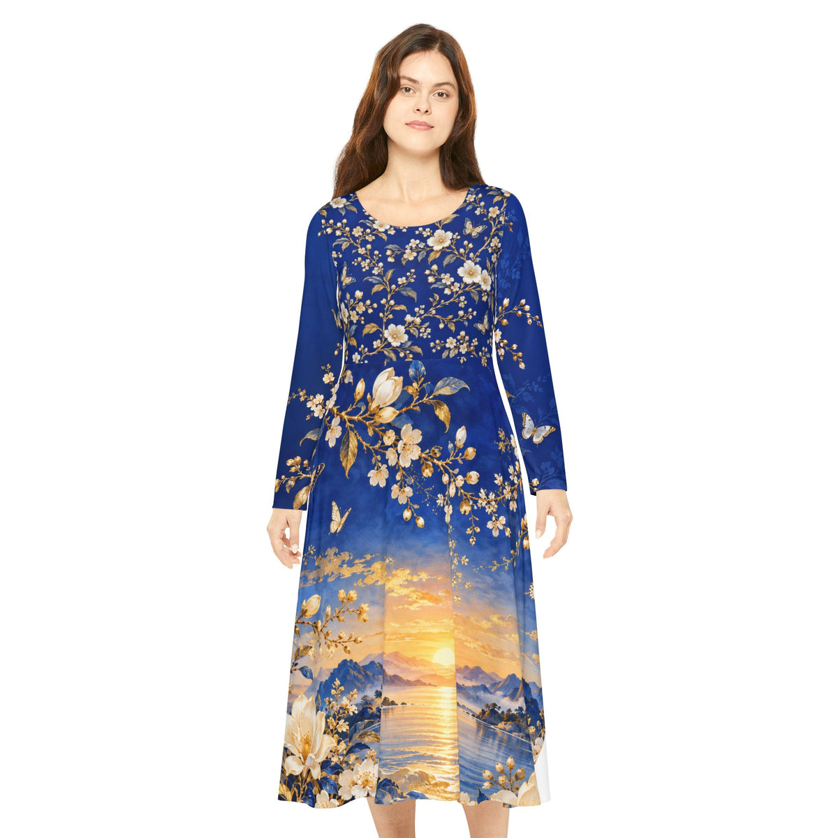 Sunset Blossom Long-Sleeve Dance Dress — Floral Sunset Scenic Print