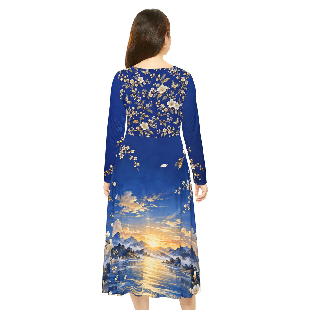 Sunset Blossom Long-Sleeve Dance Dress — Floral Sunset Scenic Print