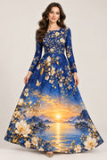 Sunset Blossom Long-Sleeve Dance Dress — Floral Sunset Scenic Print