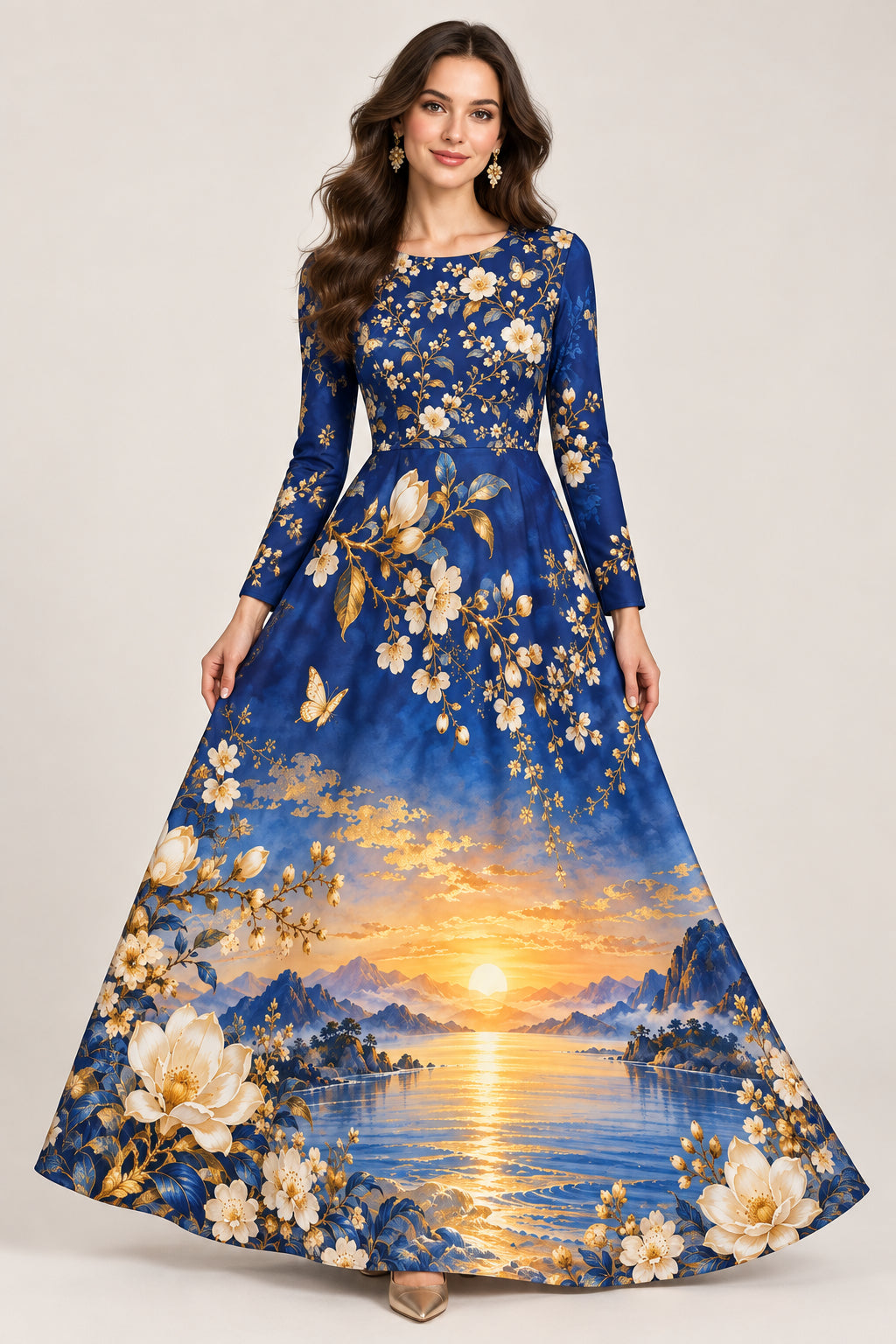 Sunset Blossom Long-Sleeve Dance Dress — Floral Sunset Scenic Print