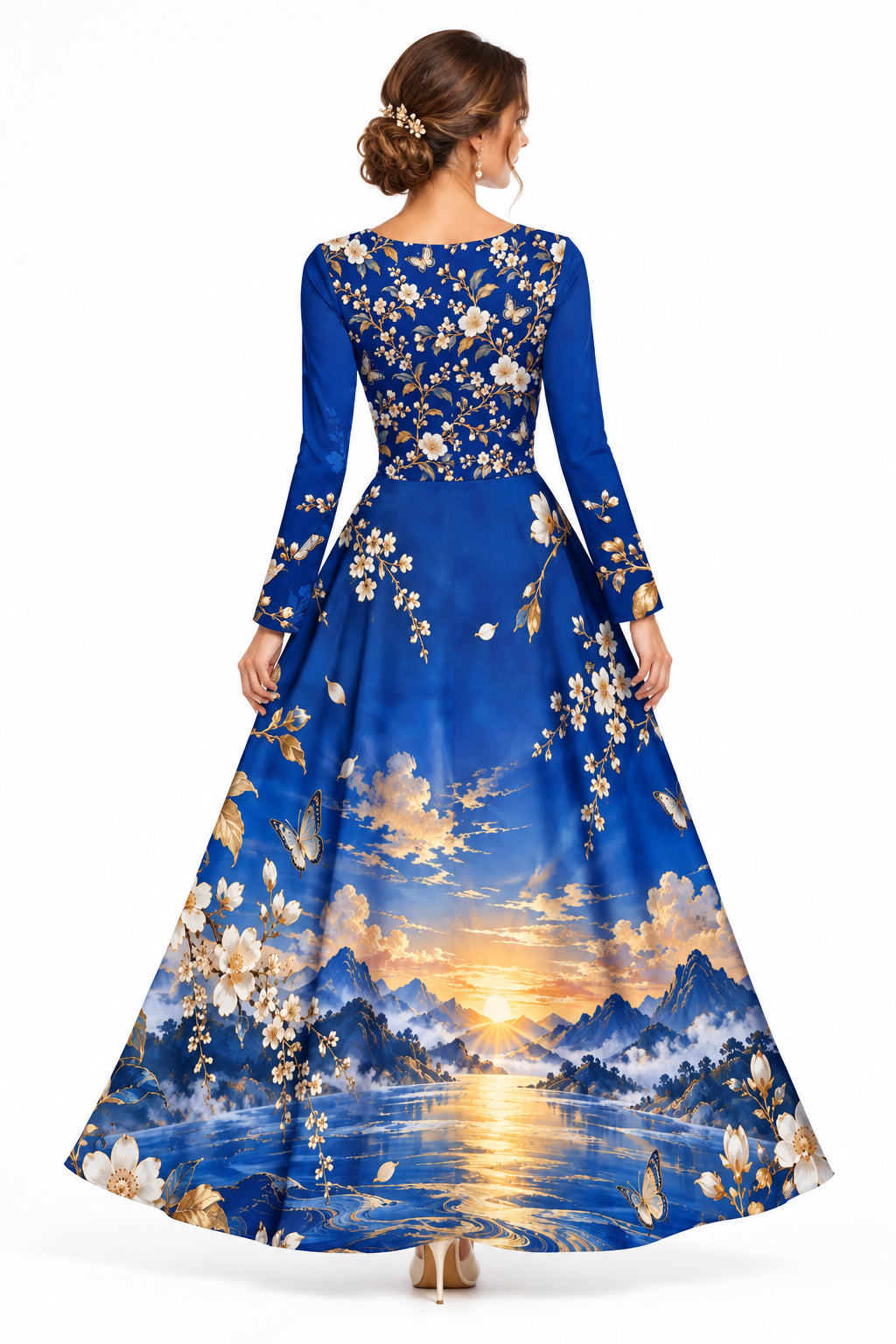 Sunset Blossom Long-Sleeve Dance Dress — Floral Sunset Scenic Print