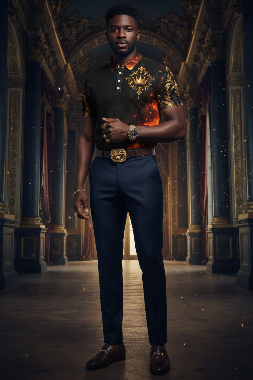 Wear this shirt like the designer king you truly are. Show the world you strength, purpose, faith, hope, and ambition. 
A short-sleeve polo shirt with a black base featuring a fiery orange and red flame pattern across the lower front, a gold crown and ornate gold baroque design on the chest and right sleeve, and a matching flame motif on the left chest and collar area, shown on a plain white background.