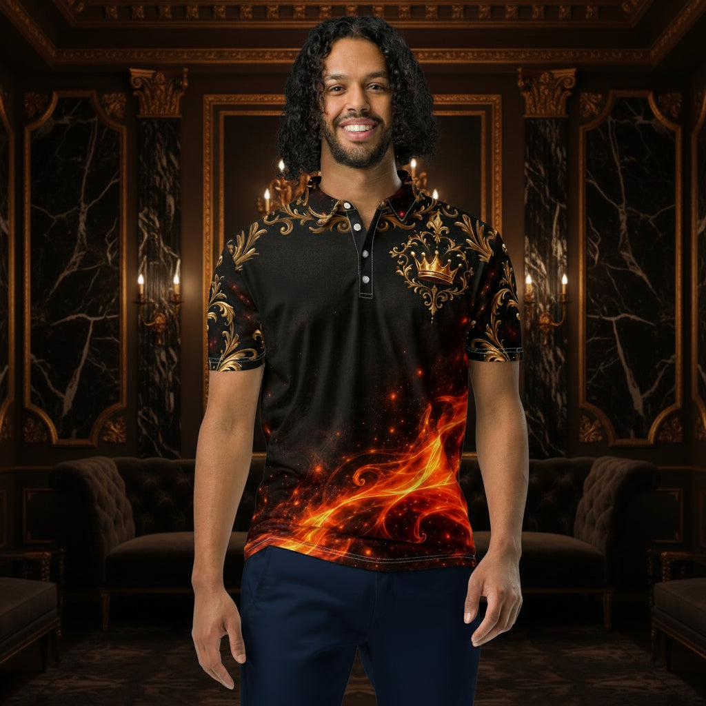 A man wearing a black short-sleeve polo shirt with a gold crown graphic on the chest and a fiery orange and red flame pattern along the bottom hem and sleeves, paired with off-white pants, against a plain white background.