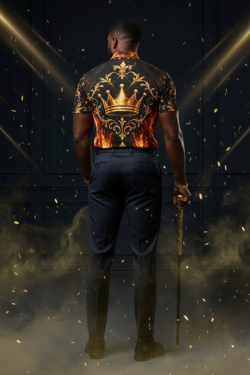Wear this shirt like the designer king you truly are. Show the world you strength, purpose, faith, hope, and ambition. 
A short-sleeve polo shirt with a black base featuring a fiery orange and red flame pattern across the lower front, a gold crown and ornate gold baroque design on the chest and right sleeve, and a matching flame motif on the left chest and collar area, shown on a plain white background.