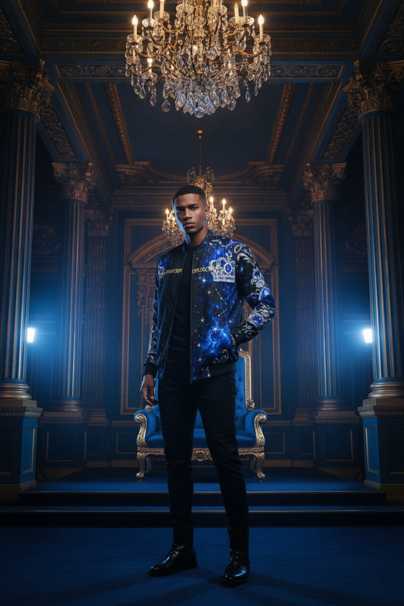 Enter Midnight Ice Kingdom wearing a jacket created for confidence, strength, and purpose. 
This striking design combines a deep-blue galaxy, brilliant jeweled crowns, and elegant sliver royal detail against a dramatic background.
The sleek front offers a sophisticated statement, while the magnificent crow across the back commands attention from ever angle. Perfect for casual outfits, special events, travel, or  matching royal-couple looks.
